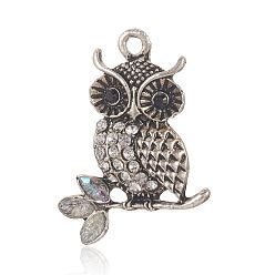 Кристалл Сплав горный хрусталь подвески птиц, сова ожерелье подвески для Хэллоуина, античное серебро, кристалл, 34x26x3 мм, отверстие : 3 мм