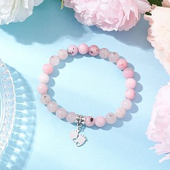 Plum Blossom Jasper Браслеты с подвесками из натуральной яшмы в виде цветка сливы ко дню матери, с не тускнеющими 304 подвесками в виде маленьких ножек из нержавеющей стали, внутренний диаметр: 2-1/4 дюйм (5.8 см)