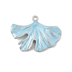 Blue 304 Stainless Steel with Enamel Pendants, Ginkgo Leaf Charms, Stainless Steel Color, Blue, 23x30x3mm, Hole: 1.6mm