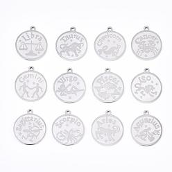 Stainless Steel Color Non-Tarnish 201 Stainless Steel Pendants, Flat Round with Twelve Constellation, Laser Cut, Stainless Steel Color, 25x22x1.5mm, Hole: 2mm, 12pcs/set