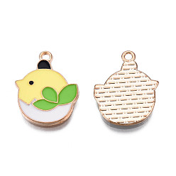 Jaune Champagne Pendentifs en émail , sans cadmium et sans plomb, or et de lumière, oiseau citron, jaune champagne, 20.5x16x1.5mm, Trou: 1.6mm