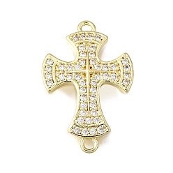 Cross Религиозные латунные подвески с микро-паве и прозрачным фианитом, реальный 16 k позолоченный, крестик, 21.5x14x2 мм, отверстие : 1.4 мм