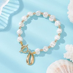 Настоящее золото 18K Браслеты из гальванизированного ракушечного жемчуга и немагнитного синтетического гематита для женщин, с 304 подвеской в виде ракушки каури из нержавеющей стали и застежками-тогглами, реальный 18 k позолоченный, 8-1/4 дюйм (21.1 см)