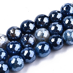 Marine Blue Electroplate Natural Agate Beads Strands, Dyed, Faceted, Pearl Luster Plated, Round, Marine Blue, 10.5mm, Hole: 1.2mm, about 36~37pcs/strand, 14.37 inch~14.57 inch(36.5cm~37cm)