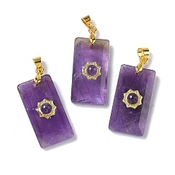 Аметист Граненые подвески из натурального аметиста, Прямоугольный элемент с подвесками в виде солнца, с латунной фурнитурой золотистого оттенка и декоративными элементами в виде ламелей., 25x13x7 мм, отверстие : 5x3.5 мм