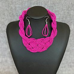 Фуксиновый Многослойные ожерелья и серьги-капли в стиле бохо из стеклянных бусинок, красно-фиолетовые, 470 мм