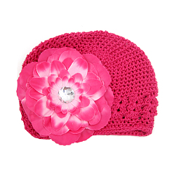 Deep Pink Handmade Crochet Baby Beanie Costume Photography Props, with Cloth Flowers, Deep Pink, 180mm