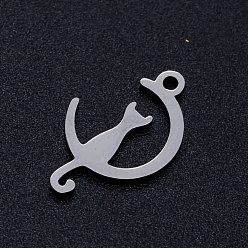 Stainless Steel Color 201 Stainless Steel Kitten Pendants, Crescent Moon with Cat Shape, Stainless Steel Color, 17.5x11x1mm, Hole: 1.5mm