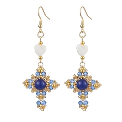 Malaysia Jade Natural Mixed Stone & Glass Seed Beads Dangle Earrings for Women, Cross, Golden, Royal Blue, 76x27mm
