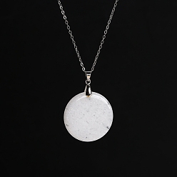 Белый Нефрит Ожерелья с плоскими круглыми подвесками из натурального белого нефрита, Ожерелье-цепочка из нержавеющей стали для женщин и мужчин, 19.69 дюйм (50 см)