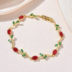 Colorido Pulseras de eslabones de flores de latón y cristal, chapado en rack, larga duración plateado, sin plomo y el cadmio, real 18 k chapado en oro, colorido, 8.11 pulgada (20.6 cm)
