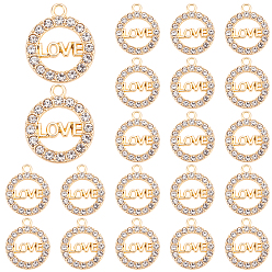Золотой 30шт. подвески из цинкового сплава со стразами, кольцо с подвесками со словом «любовь», золотые, 21x18x2 мм, отверстие : 2 мм