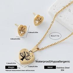 Tree 304 Stainless Steel Pendant Necklace & Stud Earrings Set for Women, Golden, Heart, Tree, 450mm, Pendant: 14x13mm