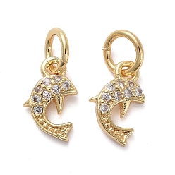Золотой Латунные микропаве прозрачные кубические циркониевые подвески, с прыжковых колец, дельфин, золотые, 9x5.5x2 мм, отверстие : 3 мм
