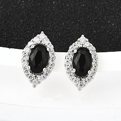 Платина Латунные микро проложить серьги стержня кубического циркония, лошадиный глаз , платина, 12x7 мм