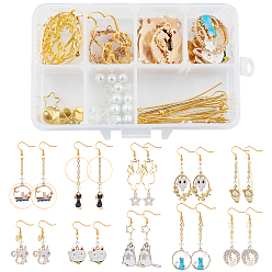 Golden DIY Cat Themed Earrings Making Kits, Including Alloy Enamel Pendants, Alloy Open Back Bezel Pendants, Brass Links & Earring Hooks, Glass Pearl Beads, Iron Rolo Chains, Golden & Light Gold, Pendants: 30pcs/box