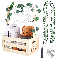 Mixed Color 1Pc Wooden Baby Shower Closet Crates, Baby Storage Baskets, Rectangle with Paw Print Pattern, with 1Pc Plastic Artificial Eucalyptus Leaf Vine & 6Pcs Kids' Hanger, Mixed Color, Finished Product: 230x250x507mm, 1pc