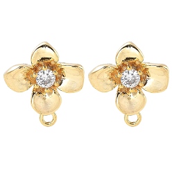 Цветок Латунные серьги-гвоздики с фианитами, без кадмия, без никеля и без свинца, с петлей, реальный 18 k позолоченный, цветок, 11.5x10.5 мм, отверстие : 1 мм, штифты : 12x0.7 мм