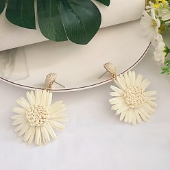 Желтая Старая Ткань  Серьги-гвоздики с цветком и травой из латуни, с рафией, золотые, старое кружево, 65x50 мм