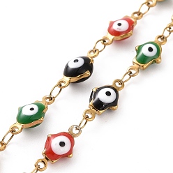 Colorful Enamel Hamsa Hand with Evil Eye Link Chains, with Ion Plating(IP) 304 Stainless Steel Findings, Golden, Unwelded, with Spool, Colorful, 11.5x5.5x3.5mm