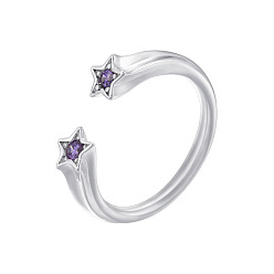 Темно-Фиолетовый Латунные микропаве кубические цирконии манжеты открытые кольца для женщин, звезда, платина, темно-фиолетовый, 17 мм