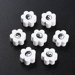 Weiß Manuell Polymer Ton Perlen, für DIY Schmuck Bastelbedarf, Blume mit Yin-Yang, weiß, 8~9x7.5~8.5x4~4.5 mm, Bohrung: 1.6~1.8 mm
