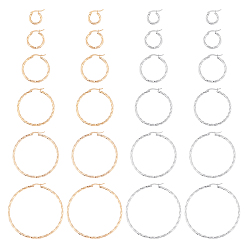 Goldenen und Edelstahl Farbe 12Paare 12 Stil Edelstahl Creolen, verdrehte Ringform, goldenen und Edelstahl Farbe, 12 Messgerät, 15~60x2 mm, 1 Paar / Stil