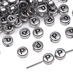 Letter P 50шт. посеребренные акриловые бусины, алфавита бисера, плоские круглые с буквы, Письмо P, 7x4 мм, отверстие : 1 мм