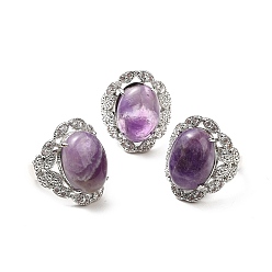 Amethyst Natural Amethyst Adjustable Rings, Platinum Tone Oval Brass Rings for Women, Cadmium Free & Lead Free, US Size 7 3/4(17.9mm), 3.5~5mm