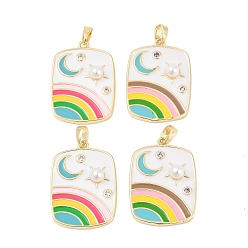 Разноцветный Латунные эмалевые подвески, со стразами и искусственного абс жемчуг, реальный 18 k позолоченный, стойки покрытие, без свинца и без кадмия, прямоугольник с радугой и луной, красочный, 26.5x19x5.5 мм, отверстие : 4.5x2.5 мм
