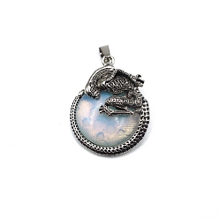 Opalite Opalite Pendants, with Antique Silver Alloy Finding, Flat Round with Skull Charms, 40x35mm