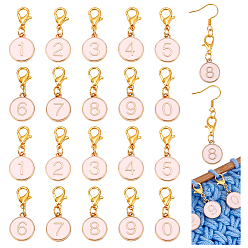 Розовый 20 шт. 10 стили, подвесные маркеры с эмалью из сплава и фиксирующими стежками, Сплав с застежками когтя омара, плоские круглые с номером 0~9, туманная роза, 2.7 см, 2 шт / стиль