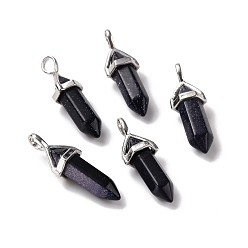 Синий Драгоценный Камень Синтетический синий авантюрин подвески, граненые, с латунной фурнитурой платинового цвета, без свинца и без кадмия, пуля, 27~30x9~10x7~8 мм, отверстие : 4x3 мм