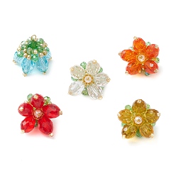 (52) Непрозрачная лаванда Прозрачные стеклянные подвески, цветочный шарм, со стеклянными жемчужными бусинами и латунными петлями, граненые, разноцветные, 20x23x22 мм, отверстие : 2x3 мм