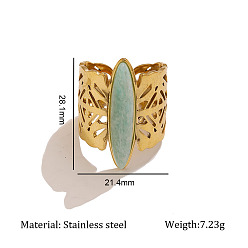 Green Aventurine 304 Stainless Steel with Green Aventurine Cuff Open Rings, Butterfly, Golden, US Size 12(21.4mm)