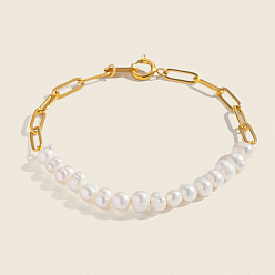 Настоящее золото 18K Браслеты из натуральных пресноводных жемчужин, 304 Браслеты из нержавеющей стали в виде цепочки-скрепки, украшения для женщин, круглые, реальный 18 k позолоченный, 7.87 дюйм (20 см)