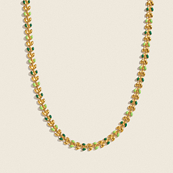 Настоящее золото 18K 304 Женские цепочки из нержавеющей стали с эмалированными зелеными звеньями в виде листьев, реальный 18 k позолоченный, 16.34 дюйм (41.5 см)