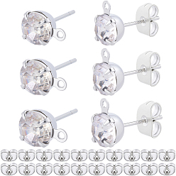 Платина Латунные серьги со стразами, с латунными гайками и 925 штифтами из стерлингового серебра, плоско-круглые, платина, 6.5~9x4~6 мм, отверстие : 1 мм, штифты : 9.5~10x0.7~0.8 мм