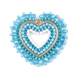 Deep Sky Blue Glass Seed Beaded Pendants, Heart Charm, with Alloy Findings & Glass, Deep Sky Blue, 36x37~38x3.5mm, Hole: 2mm