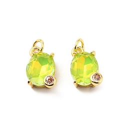 Зеленый Овальные латунные микро проложить Цирконом подвески, с соединительным кольцом и стеклянными стразами, стойки покрытие, реальный 18 k позолоченный, без свинца и без кадмия, долговечный, зелёные, 13.5x10.5x7 мм, отверстие : 3.3 мм