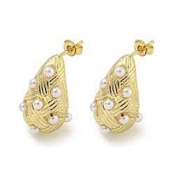 Golden Teardrop Rack Plating Brass Cuff Earrings, Plastic Imitation Pearl Earrings for Women, Cadmium Free & Lead Free, Long-Lasting Plated, Golden, 23x14~15mm