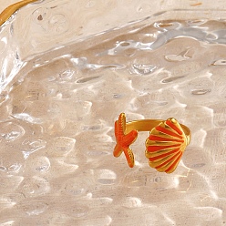 Золотой 304 из нержавеющей манжеты кольца стальные эмалированные, морская звезда и ракушка, золотые, 15 мм, внутренний диаметр: 18 мм