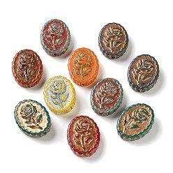 Mixed Color Handmade Lampwork Beads, Oval with Rose Flower, Golden Metal Enlaced, Mixed Color, 23.5x17.5x7mm, Hole: 1.6mm