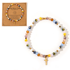 Colorful Natural Stone and Glass Faceted Rondelle Beaded Stretch Bracelets with Brass Religion Cross Charms for Women, Real 14K Gold Plated, with Paper Display Cards, Colorful, 6.89 inch(17.5cm)