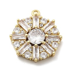 Настоящее золото 18K Латунные микропаве прозрачные подвески с фианитом, плоские круглые прелести, стойки покрытие, долговечный, без свинца и без кадмия, реальный 18 k позолоченный, 21x18.5x4.5 мм, отверстие : 1.4 мм