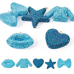 Steel Blue 5Pcs 5 Styles Handmade Polymer Clay Pendants, with Iron Loop and Rhinestone, Steel Blue, 45~58x38~60x11~16mm, Hole: 2~4mm, 1pc/style