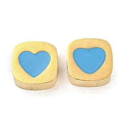 Светло-Голубой Ионное покрытие (ip) покрытие стойки 316l бусины из хирургической нержавеющей стали, без никеля , с эмалью, реальный 18 k позолоченный, квадрат с сердцем, Небесно-голубой, 8x8x3.5 мм, отверстие : 2 мм