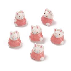 Pink Печатные ручной фарфоровые бусы, форма кошки, розовые, 13x12x11.5 мм, отверстие : 1.2 мм