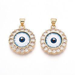 Белый Латунные подвески с микропаве из прозрачных кубических цирконий для женщин, плоские круглые с глаз, cmолой, реальный 18 k позолоченный, белые, 23.5x20x7~7.5 мм, отверстие : 3.5x5 мм