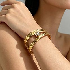 Carré 304 Bracelets manchettes ouverts en acier inoxydable et strass pour femmes, or, carrée, diamètre intérieur: 2.20 pouce (5.6 cm)